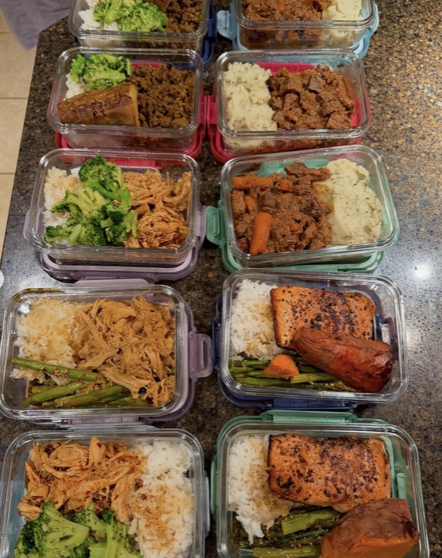 Large batch meal prep with 8 glass containers