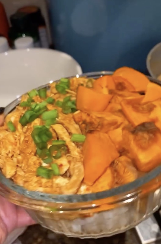 Teriyaki Chicken Bowl with sweet potatoes and scallions